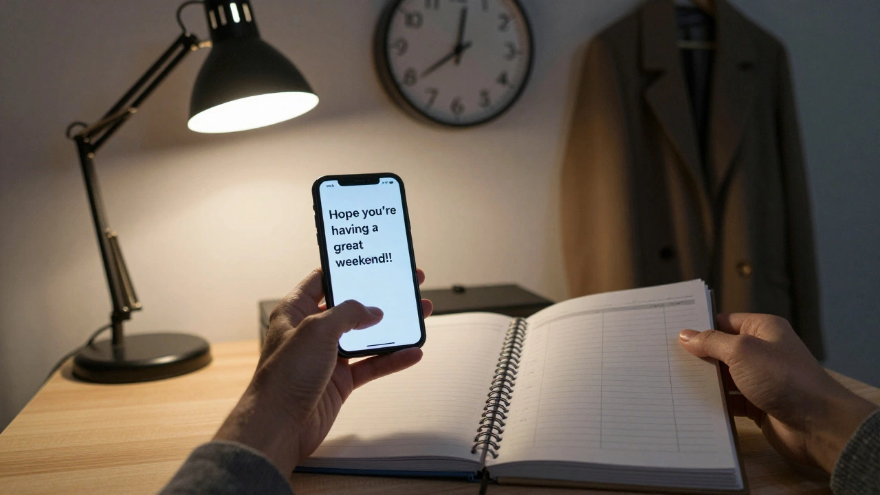 A hand hesitates over a late-night text message, with a planner and clock showing boundaries.