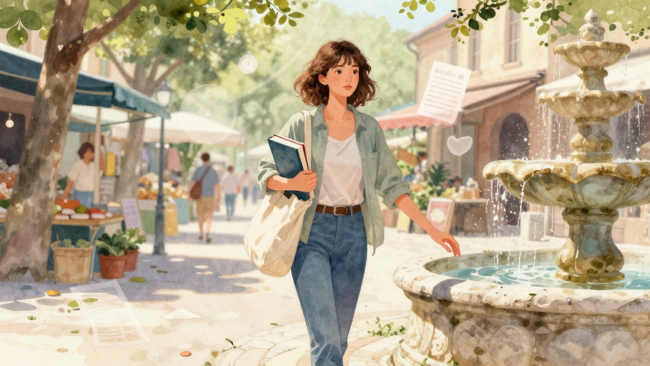A young woman walking through a market square in Aix, books and canvas bag in hand, faint symbolic overlays in watercolor.