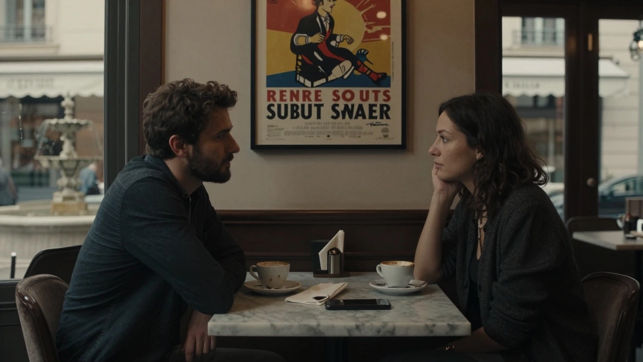 Two people sitting cautiously in a hotel lobby with coffee cups between them, soft lamplight and vintage decor.