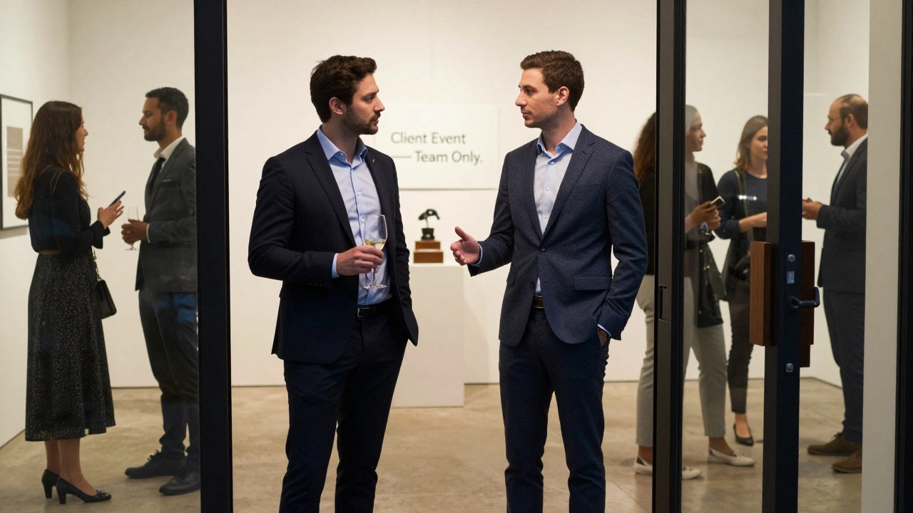 Two professionals at a gallery event maintain respectful distance, upholding professional boundaries.